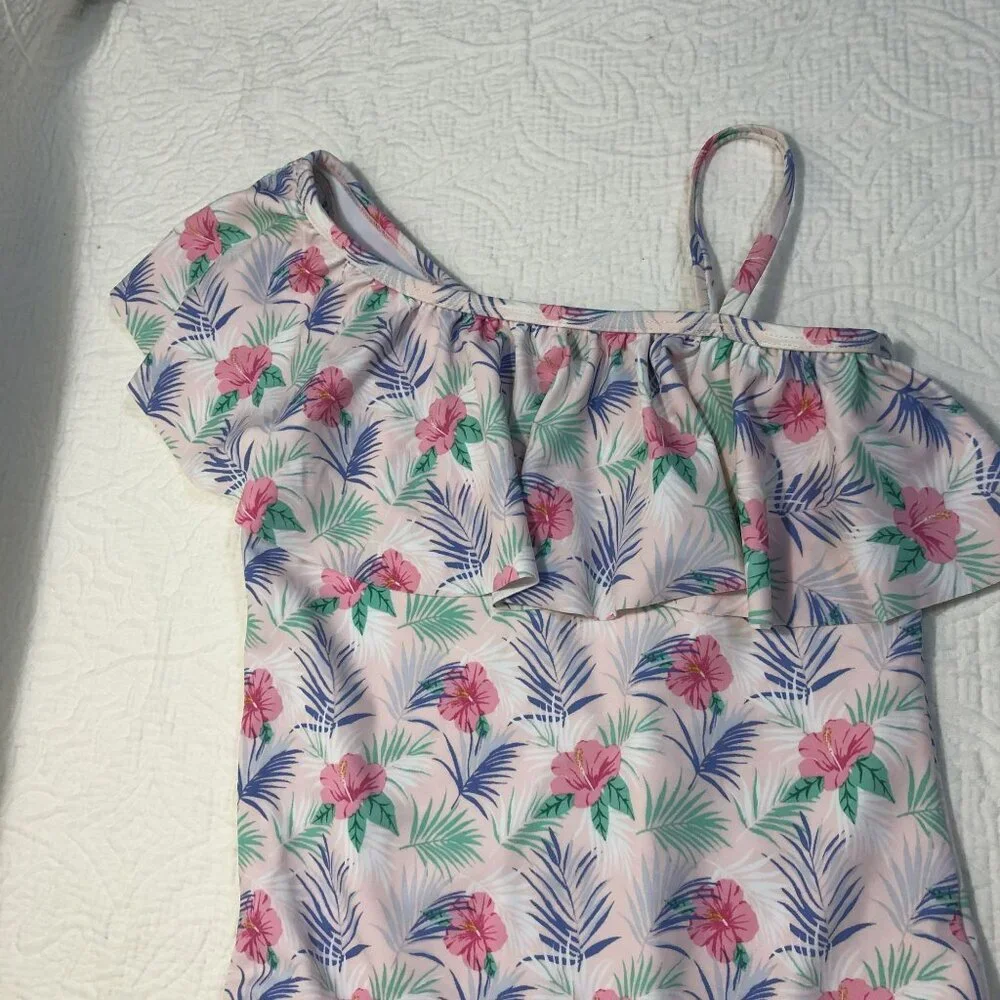 NWT Janie And Jack Swimsuit Girls Floral One-Shoulder Sz 10 Protection